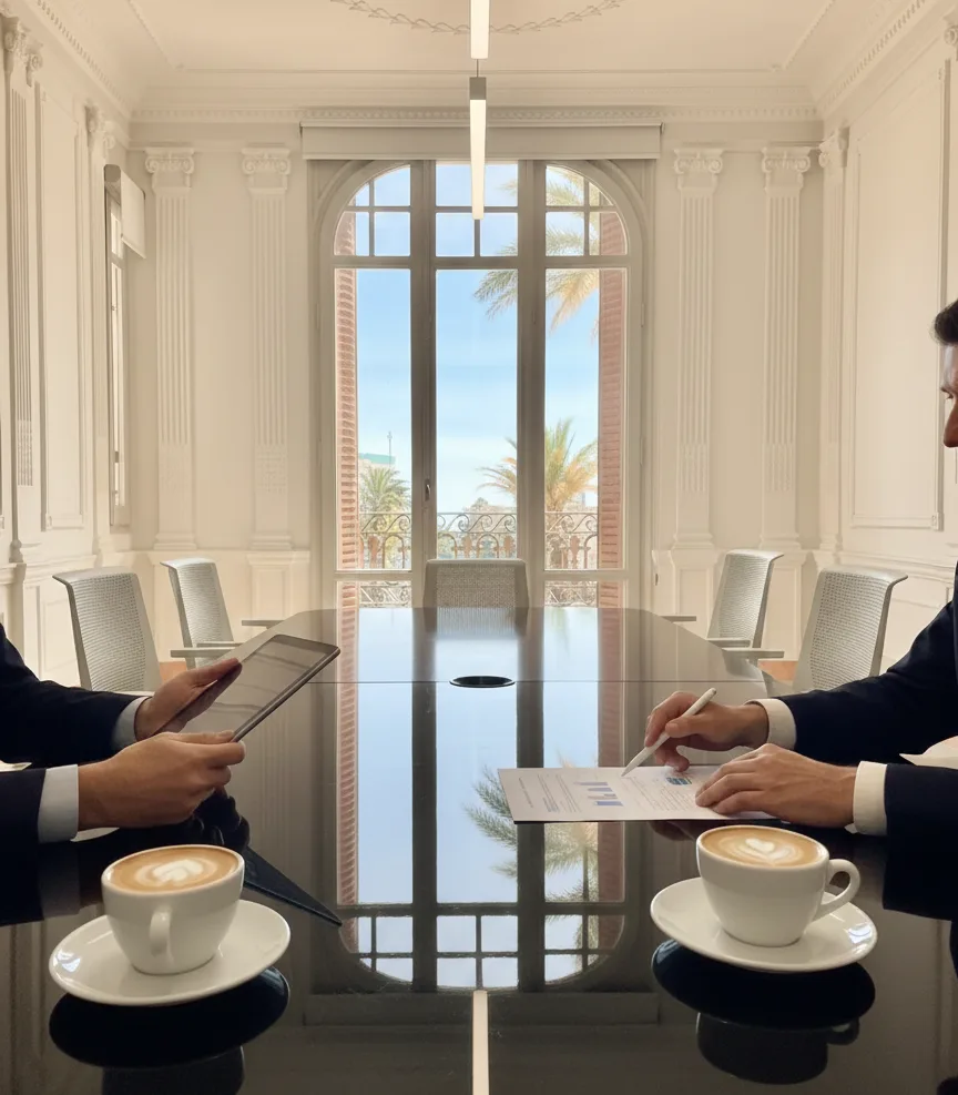 Álvaro Pérez Aledo, asesor financiero, en una reunión con un cliente en su oficina de la Casa Carbonell, Alicante